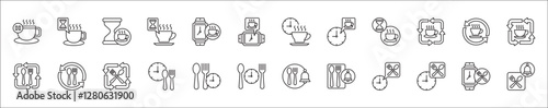 Office coffee break icon set. Time break for lunch icon collection. Vacation office day off symbol. Icon set contain symbol of coffee time, rest hours, lunchtime, eat, vacation, holiday, beach.
