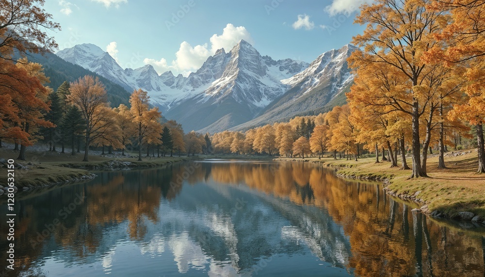 Obraz premium Autumn lake with golden trees and snow-capped mountains