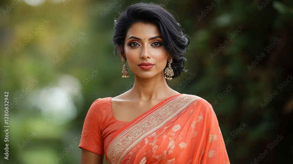 Indian woman in bold orange saree with modern twist and traditional elegance outdoors Indian woman in bold orange saree with modern twist and traditional elegance outdoors