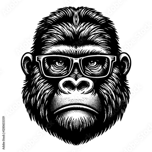 Gorilla weareyeglasses engraving black and white outline. Scratch board imitation.  illustrated in vintage line art style on a white background.