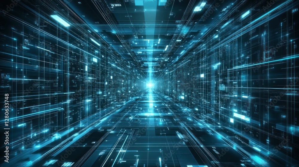Abstract digital tunnel with glowing lines and data. Abstract digital tunnel with glowing lines and data.