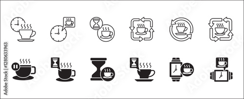 Coffee break icon set. Coffee cup icon collection. Icon set contain symbol of coffee time, rest hours, lunchtime, eat, cafe, watch, addict, hourglass, routine. Vector stock illustration.