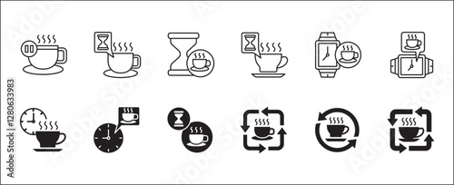 Coffee break icon set. Coffee cup icon collection. Icon set contain symbol of coffee time, rest hours, lunchtime, eat, cafe, watch, addict, hourglass, routine. Vector stock illustration.