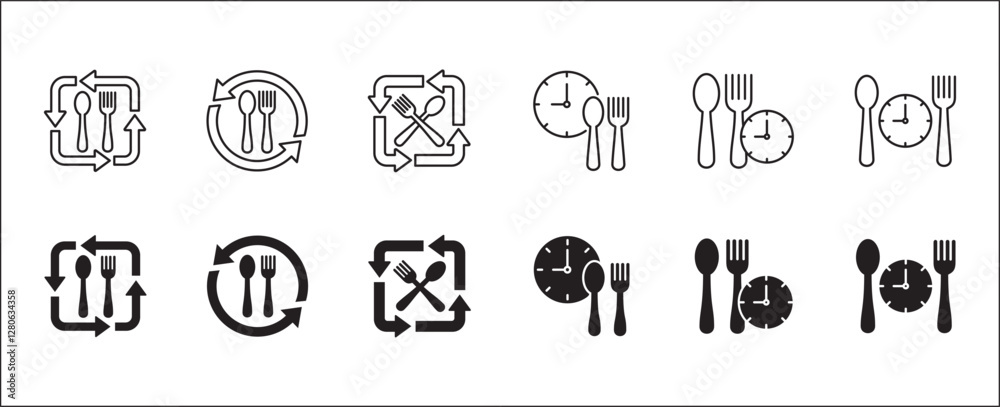Lunch time icon set. Time break for lunch icon collection. Icon set contain symbol of eat schedule, rest hours, lunchtime, eat, cafe, watch, addict, hourglass, routine. Vector stock illustration. Lunch time icon set. Time break for lunch icon collection. Icon set contain symbol of eat schedule, rest hours, lunchtime, eat, cafe, watch, addict, hourglass, routine. Vector stock illustration.
