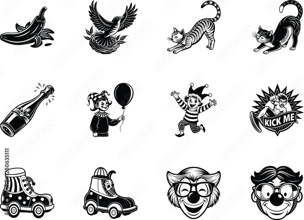 A Collection of Twelve Whimsical Black and White Illustrations Featuring Animals Birds and Clowns A Collection of Twelve Whimsical Black and White Illustrations Featuring Animals Birds and Clowns