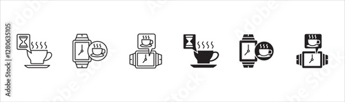 Coffee break icon set. Coffee cup icon collection. Icon set contain symbol of coffee time, rest hours, lunchtime, eat, cafe, watch, addict, hourglass, routine. Vector stock illustration.
