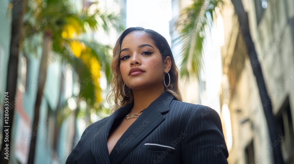 Stylish American Woman in Modern Blazer Surrounded by Palm Trees in Urban Setting Stylish American Woman in Modern Blazer Surrounded by Palm Trees in Urban Setting