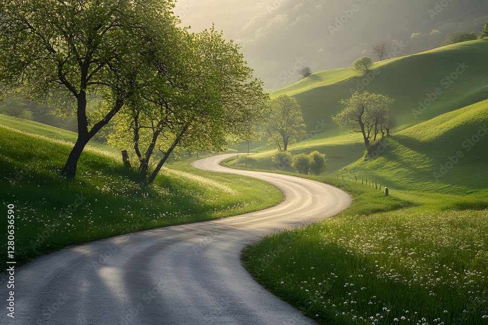 Fototapeta premium Serene Sunrise on a Tranquil Country Road Surrounded by Green Fields 