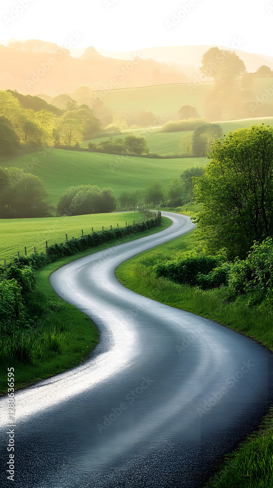 Fototapeta premium Serene Sunrise on a Tranquil Country Road Surrounded by Green Fields 