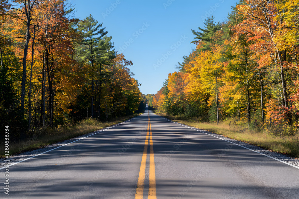 Scenic Highway Journey Through Vibrant Autumn Forests Under Blue Sky Scenic Highway Journey Through Vibrant Autumn Forests Under Blue Sky