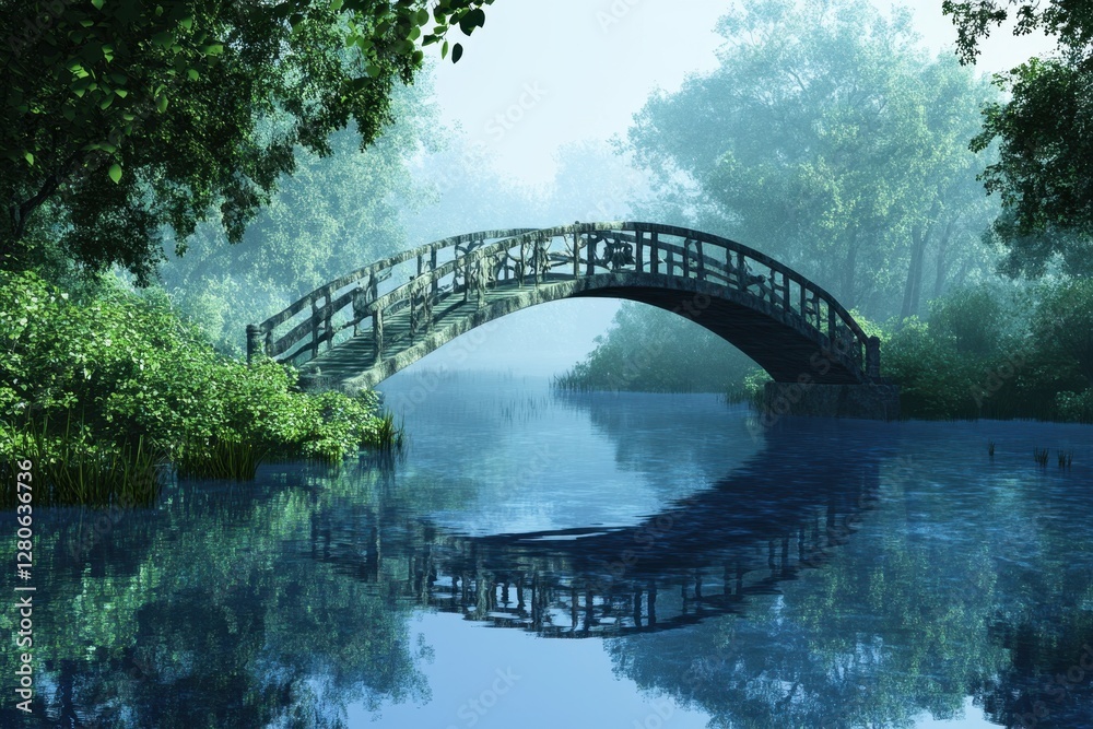 Fototapeta premium Wooden bridge over tranquil river surrounded by lush greenery in a misty landscape