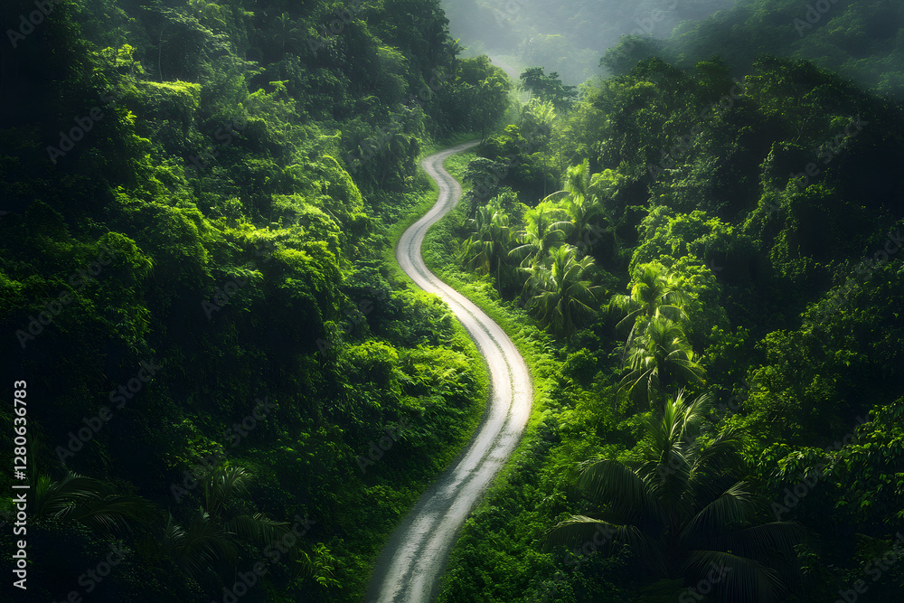 Winding Jungle Road Surrounded by Lush Greenery and Filtered Sunlight  