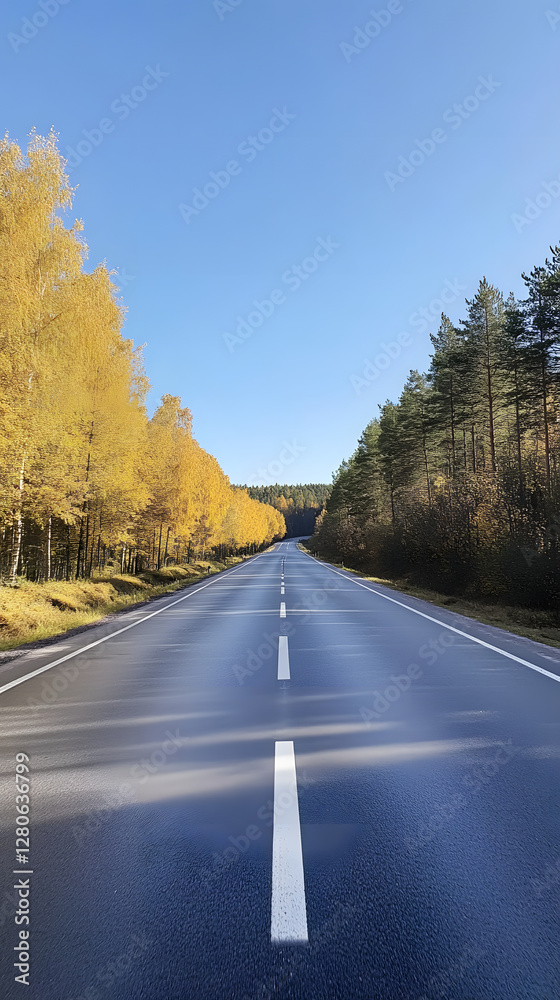 Scenic Highway Journey Through Vibrant Autumn Forests Under Blue Sky Scenic Highway Journey Through Vibrant Autumn Forests Under Blue Sky