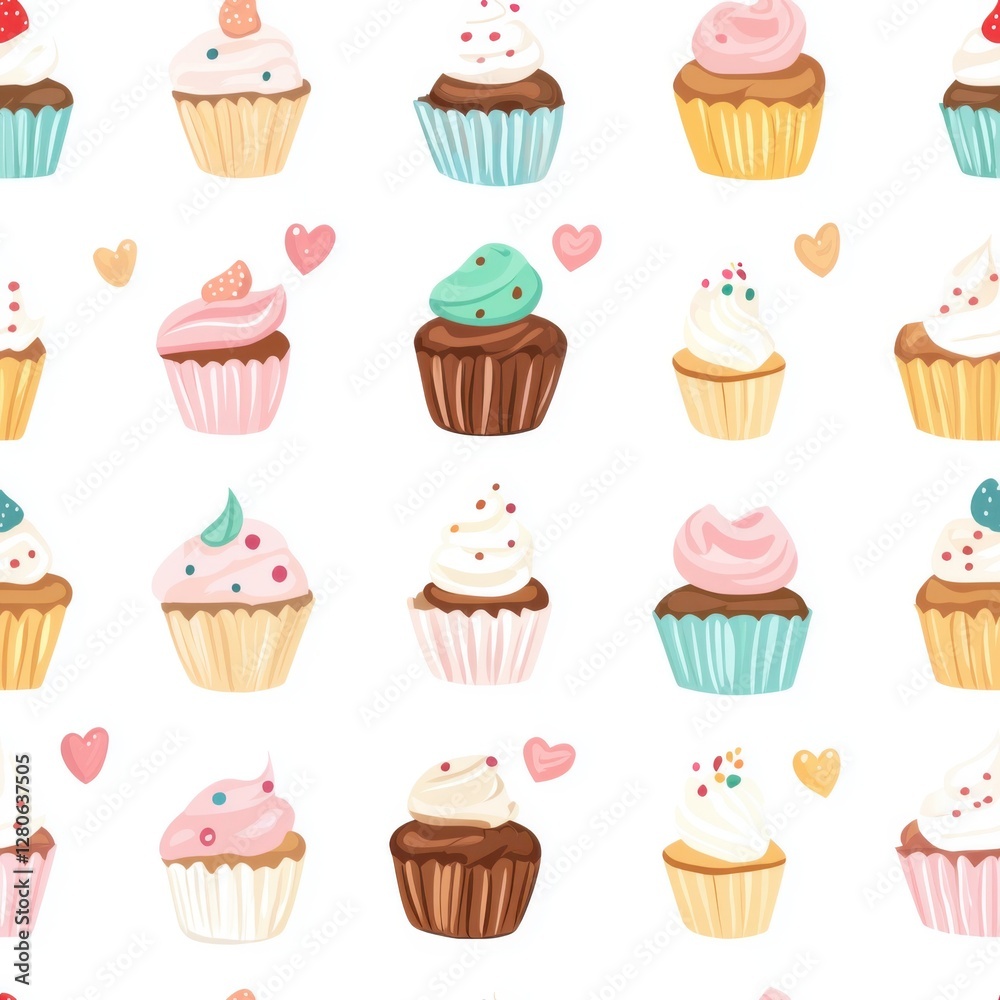Minimal cakes, seamless illustrations. A whimsical pattern featuring colorful cupcakes and hearts, perfect for bakery themes or festive celebrations. Minimal cakes, seamless illustrations. A whimsical pattern featuring colorful cupcakes and hearts, perfect for bakery themes or festive celebrations.