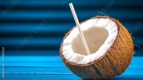 Fresh coconut drink with a straw on a vibrant blue wooden surface, evoking tropical vibes photo