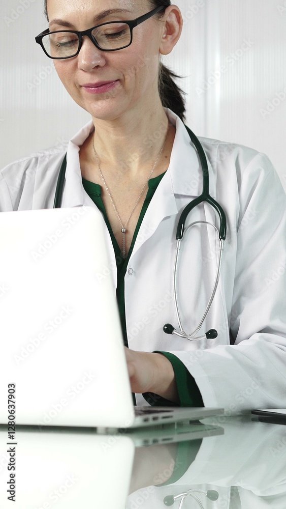 A female doctor in a green blouse under a medical coat is using technology in healthcare. Woman is typing on a laptop on a glass desk in the clinic, vertical portrait view. Medicine A female doctor in a green blouse under a medical coat is using technology in healthcare. Woman is typing on a laptop on a glass desk in the clinic, vertical portrait view. Medicine
