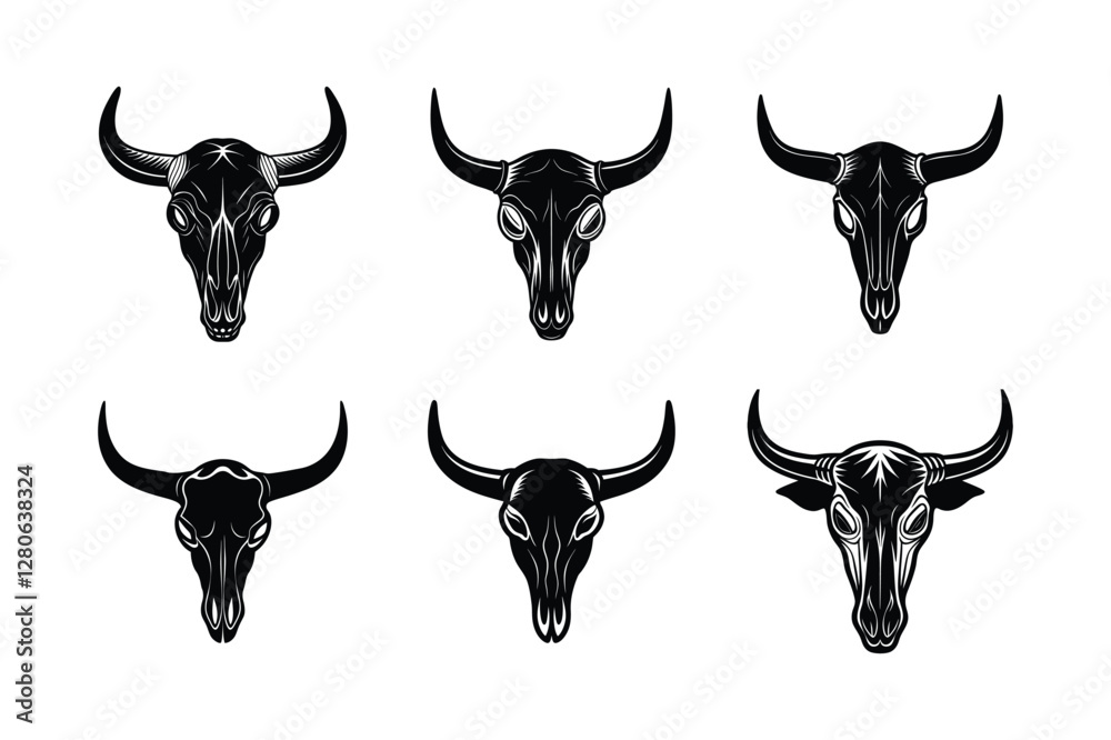 Fototapeta premium Set of Ox head skull silhouette vector illustration