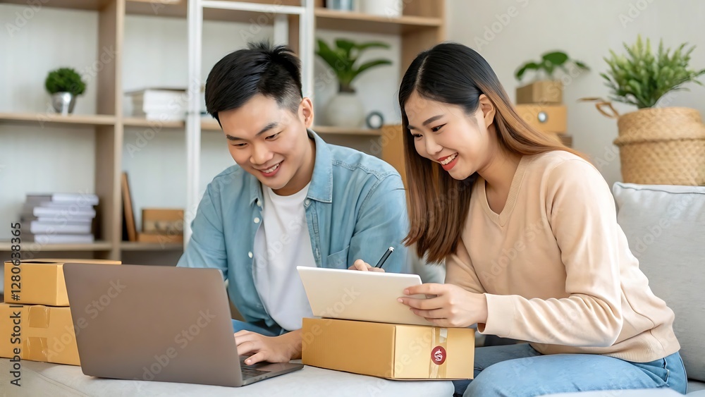 Young Couple Working on Laptop, Online Business - Small business gr. Young Couple Working on Laptop, Online Business - Small business gr.