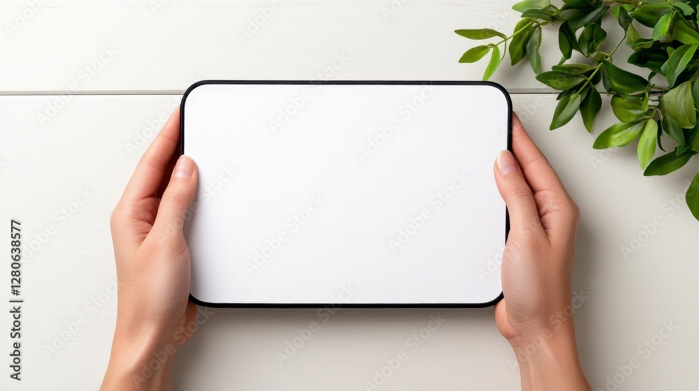 Hands Holding A Blank Tablet On A Wooden Surface With A Plant On A White background Hands Holding A Blank Tablet On A Wooden Surface With A Plant On A White background
