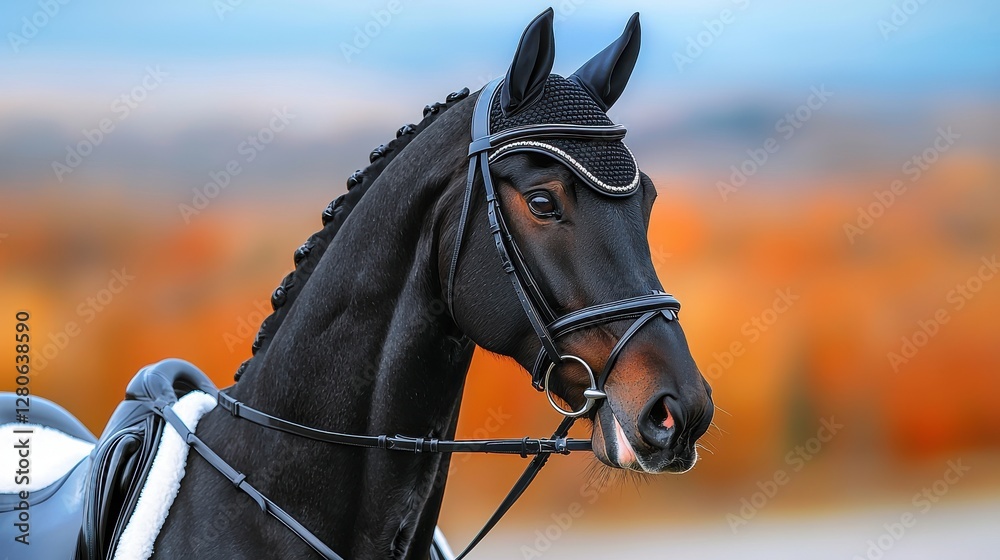 Obraz premium Equestrian event featuring a majestic black horse in autumn landscape action shot outdoor setting close-up view horse riding concept