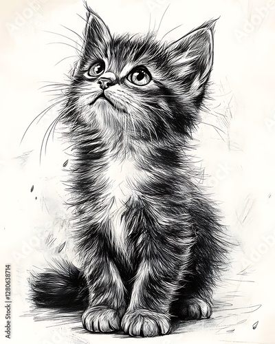 Cute kitten looking up, artistic sketch, light background