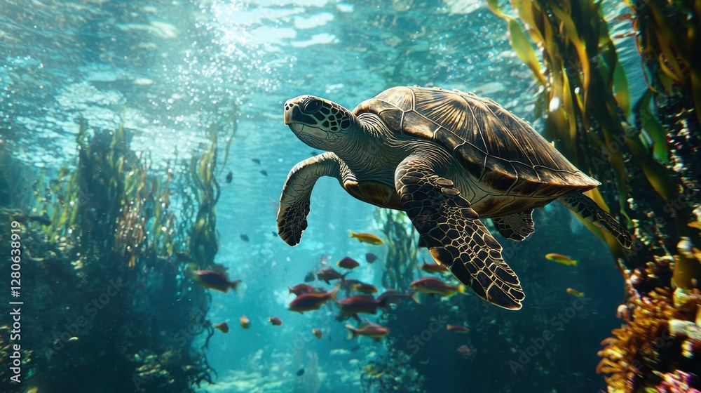 Obraz premium A sea turtle swims gracefully through a lush underwater kelp forest filled with various species of fish, showcasing the beauty of marine life in a serene aquatic environment