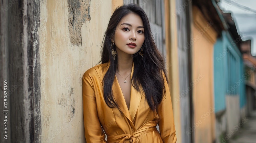Naklejka premium Modern Laotian Woman in Silk Outfit Posing Against Urban Background