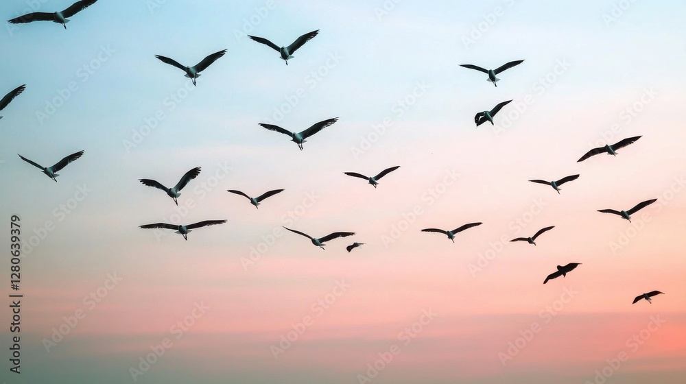 Fototapeta premium Birds in flight sunset sky nature photography serene environment aerial view freedom and beauty concept