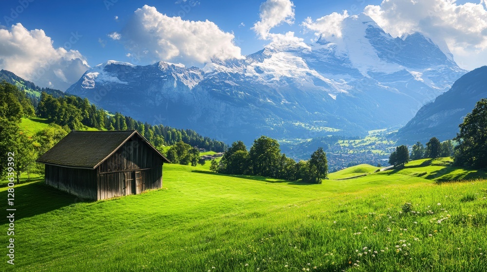 A stunning Swiss countryside scene, with a quiet wooden barn amid green pastures and alpine peaks. A stunning Swiss countryside scene, with a quiet wooden barn amid green pastures and alpine peaks.
