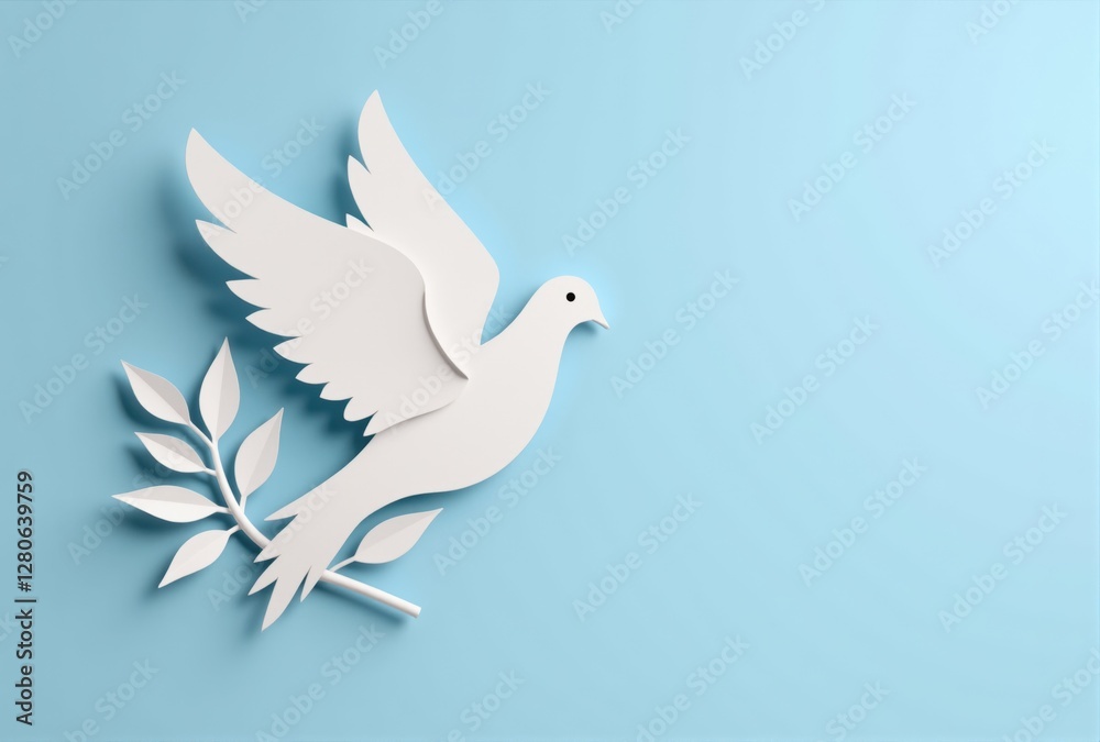 Fototapeta premium Three-Dimensional Paper Dove with Olive Branch on Light Blue Background
