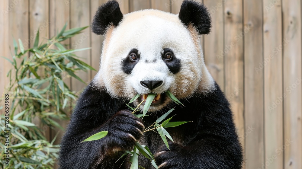 Fototapeta premium Panda eating bamboo zoo wildlife photography natural habitat close-up conservation awareness