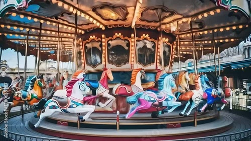A beautiful, ornate carousel with colorful horses spinning, amusement park ride, vintage fairground attraction