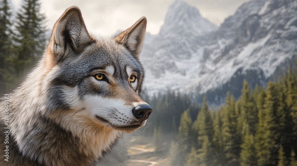 Obraz premium Majestic Wolf in Mountain Landscape