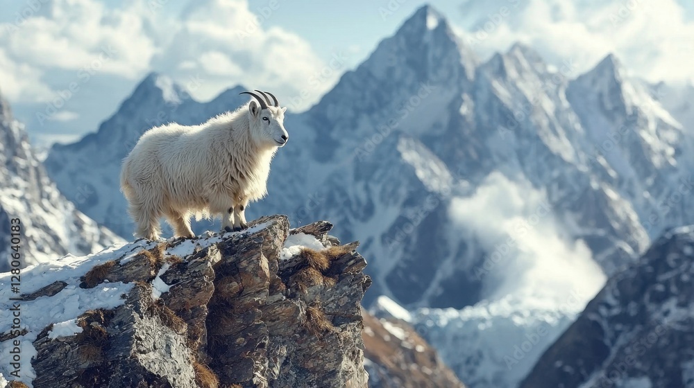 Naklejka premium A mountain goat balances on a rocky ledge, surveying the stunning landscape of snow-capped peaks and valleys under a bright blue sky in the daytime