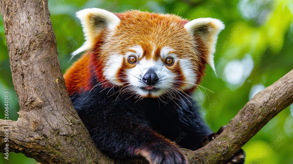 Obraz premium Red panda climbing a tree in a natural habitat wildlife photography lush green environment close-up viewpoint of endangered species