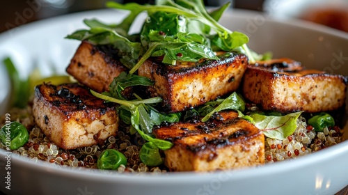 A delicious bowl features perfectly grilled tofu cubes atop a bed of quinoa and fresh greens, presented in a cozy dining spot during the midday meal