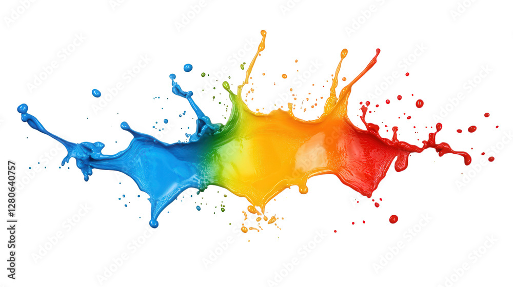 Fototapeta premium Colorful paint splash in vibrant blue, green, yellow, orange, and red hues, creating dynamic and artistic visual effect. Perfect for creative projects and backgrounds