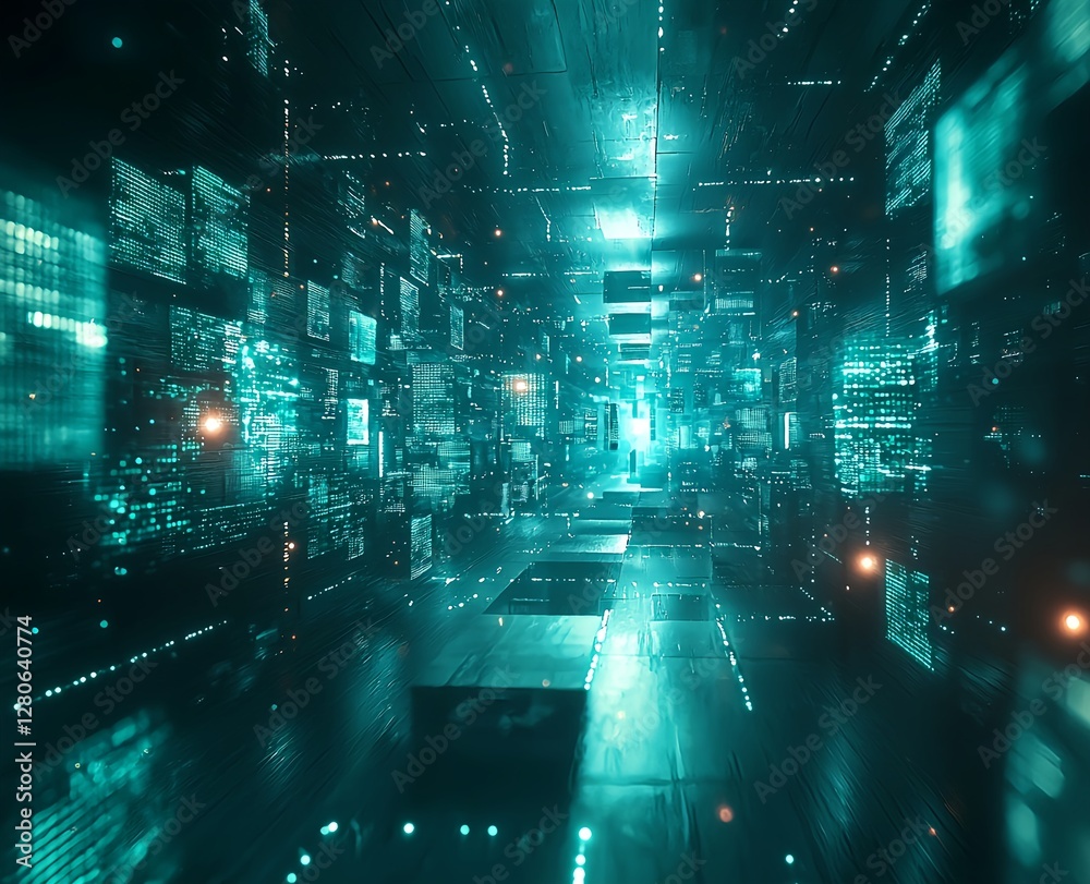 Obraz premium Digital cyberpunk cityscape with glowing cubes and neon grid