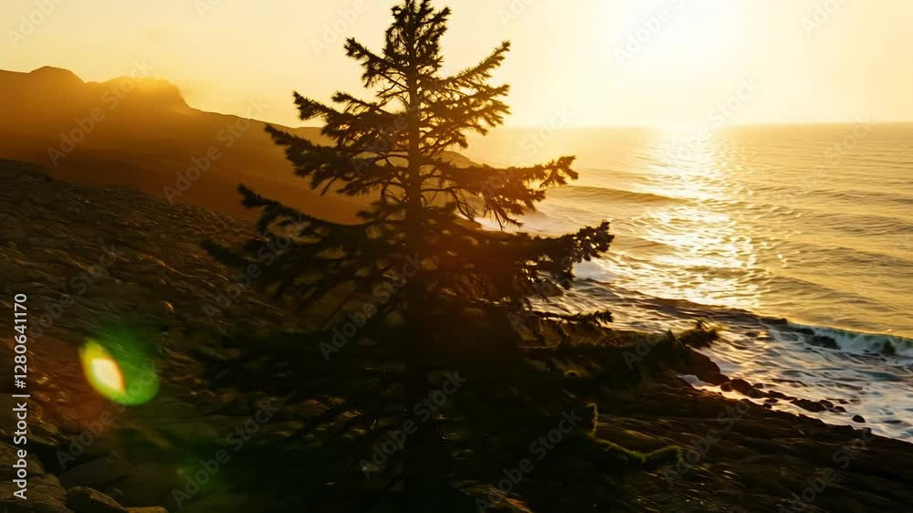 Dolly in video towards a solitary pine tree on a rugged coastline during the warm light of late afternoon, golden hour glow, sound of crashing waves