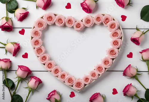 Pink rose flowers and heart with space for text