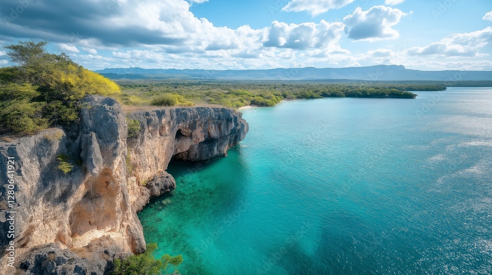 Fototapeta premium Waves gently lap against the cliffs under a bright sky along the tranquil coast of an untouched tropical paradise. Generative AI