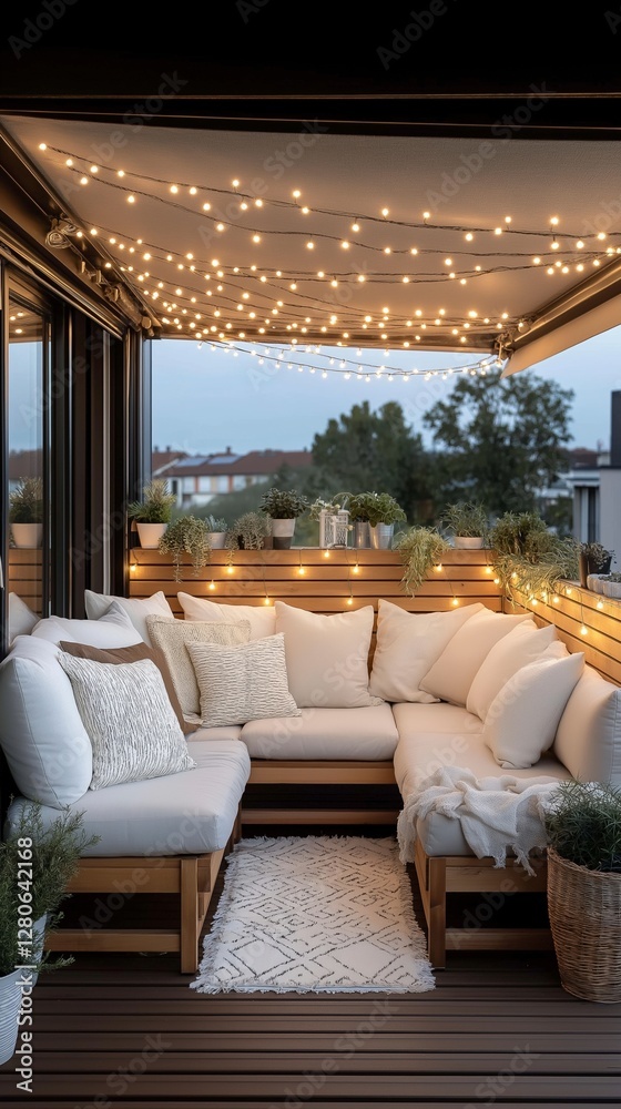 Fototapeta premium Cozy balcony with fairy lights and lush greenery creates a serene evening retreat in a modern urban setting. Generative AI