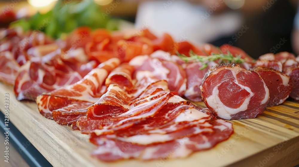 Delicious assortment of cured meats showcased on a wooden board in a bustling market. Bright colors and fresh herbs enhance the inviting atmosphere, perfect for food enthusiasts Delicious assortment of cured meats showcased on a wooden board in a bustling market. Bright colors and fresh herbs enhance the inviting atmosphere, perfect for food enthusiasts