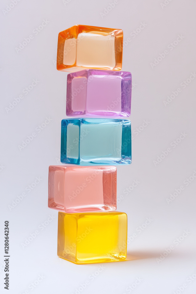 Stacked translucent blocks in rainbow colors, each block catching faint highlights under a soft Stacked translucent blocks in rainbow colors, each block catching faint highlights under a soft