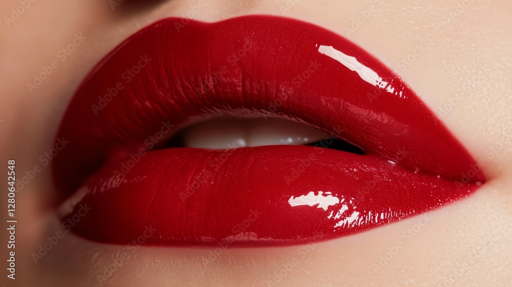 Obraz premium Glossy red lips close-up, vivid glam beauty