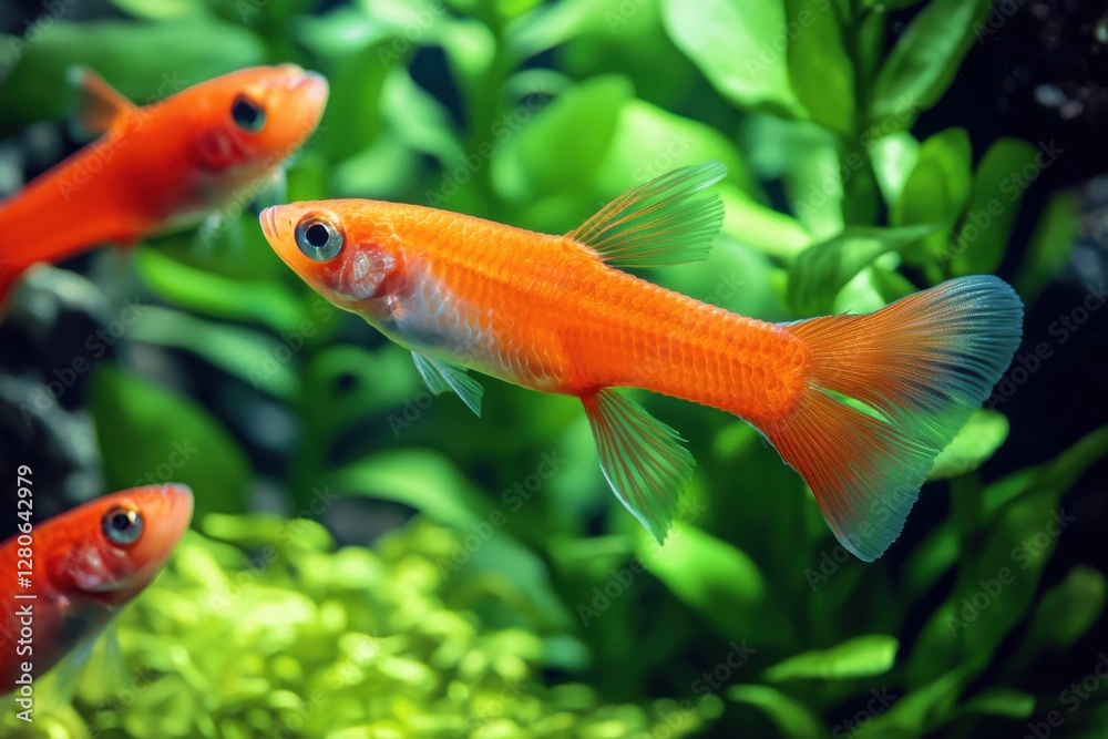 Vibrant orange fish swimming gracefully in a freshwater aquarium captured underwater in a lush aquatic environment close-up perspective Vibrant orange fish swimming gracefully in a freshwater aquarium captured underwater in a lush aquatic environment close-up perspective