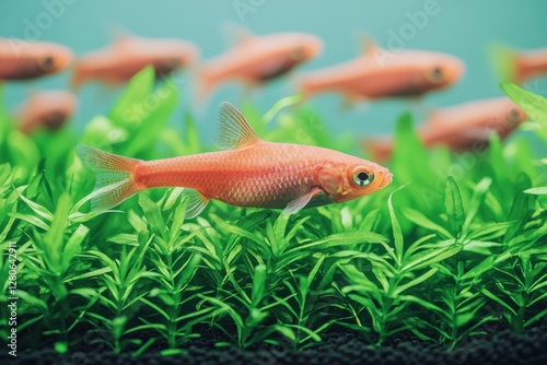 Swimming goldfish in a lush aquatic environment underwater view nature photography tranquil aquarium setting photo