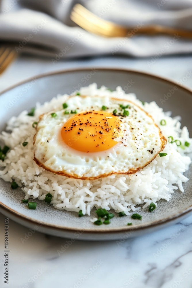 A simple yet elegant plate of white rice with fresh herbs and a drizzle of olive oil, perfect for any meal.
