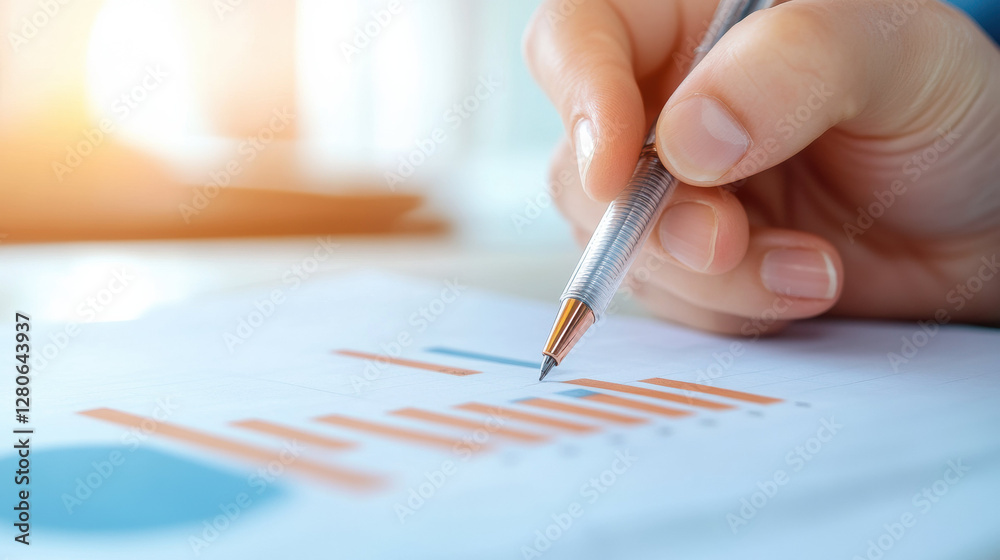 Close up of hand holding pen analyzing financial charts on paper Close up of hand holding pen analyzing financial charts on paper