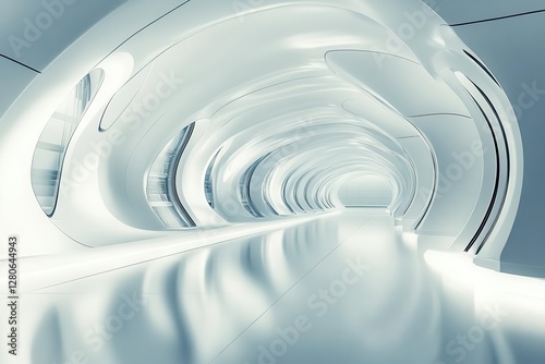 ultramodern abstract space station interior with clean minimalist curves, floating geometric shapes, and soft ambient lighting casting pristine shadows